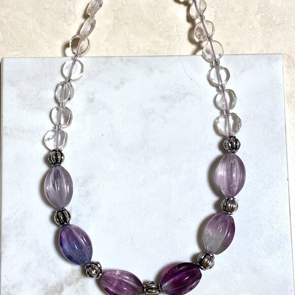 Genuine Purple Fluorite Beaded Choker, Natural Gemstone Bib Necklace - Picture 3 of 15